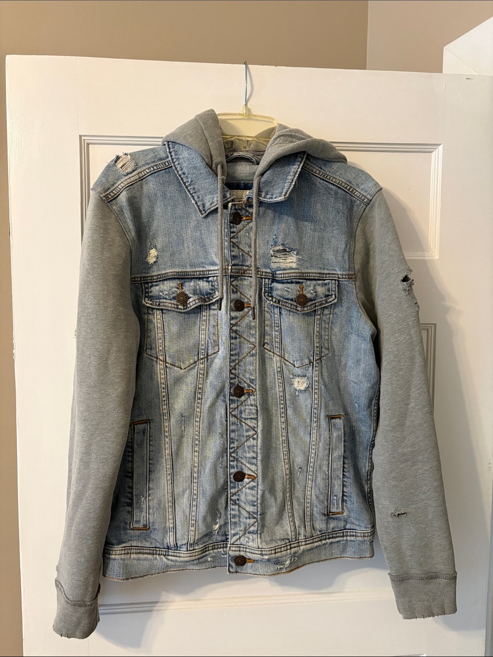 Hollister Light Wash Denim Jacket with Grey Hoodie Sleeves